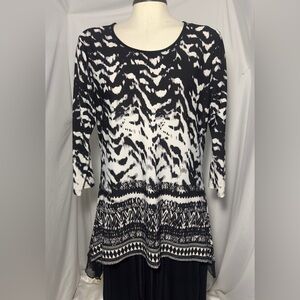 Investments Petites Black White Print Long Sleeve Tunic Top PM Stretch